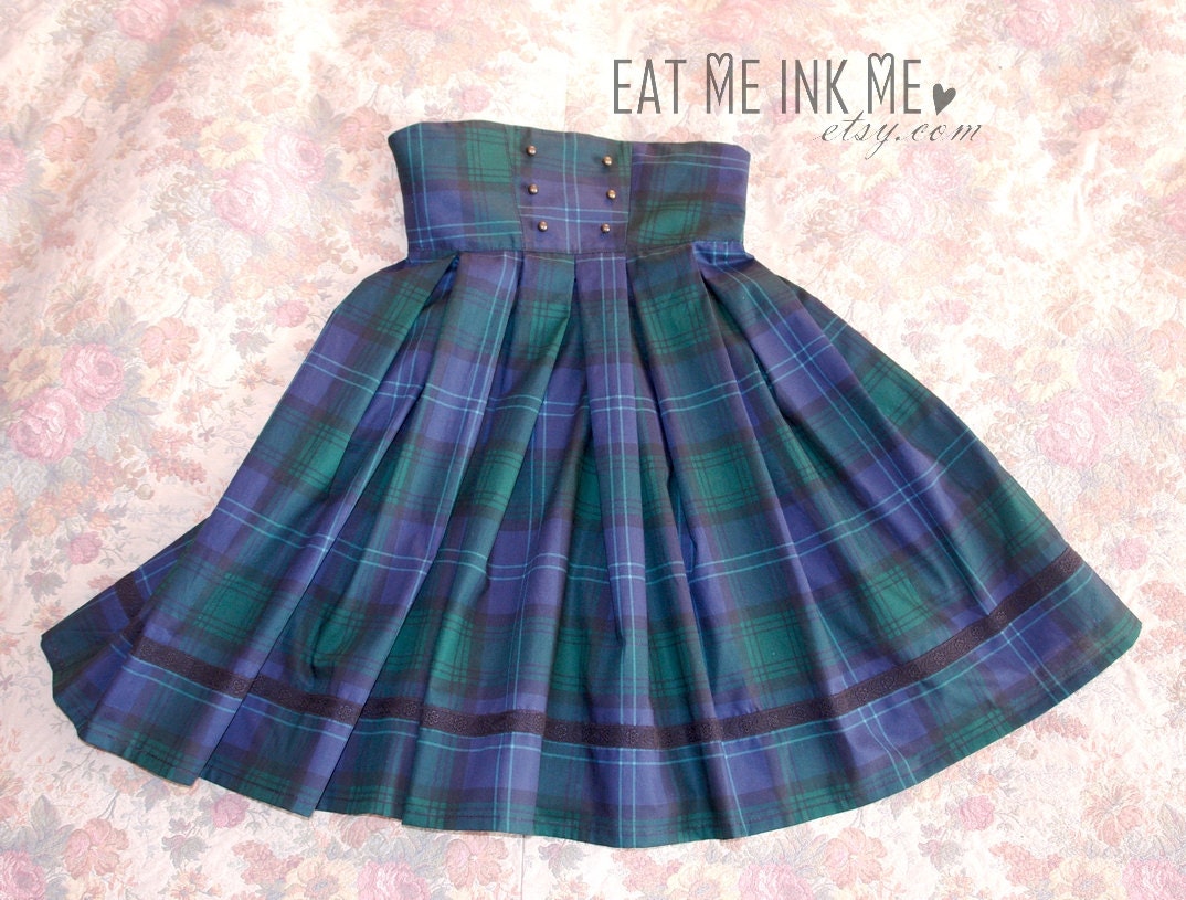 Emerald and Navy Tartan checkered high waist skirt Military classic Lolita Steampunk