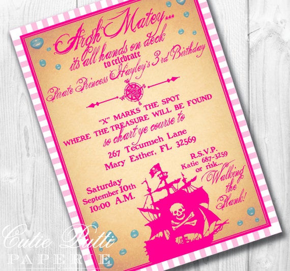 Girl's Pretty Pirate Party - PRINTABLE CUSTOMIZED INVITATION - Cutie Putti Paperie Il_570xn