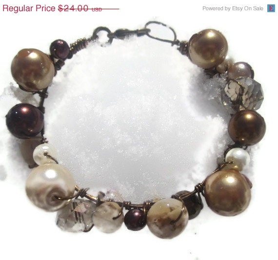Spring Savings Sale Cream, bronze and topaz Pearls with crystals and gemstones bracelet in antiqued brassTAGT