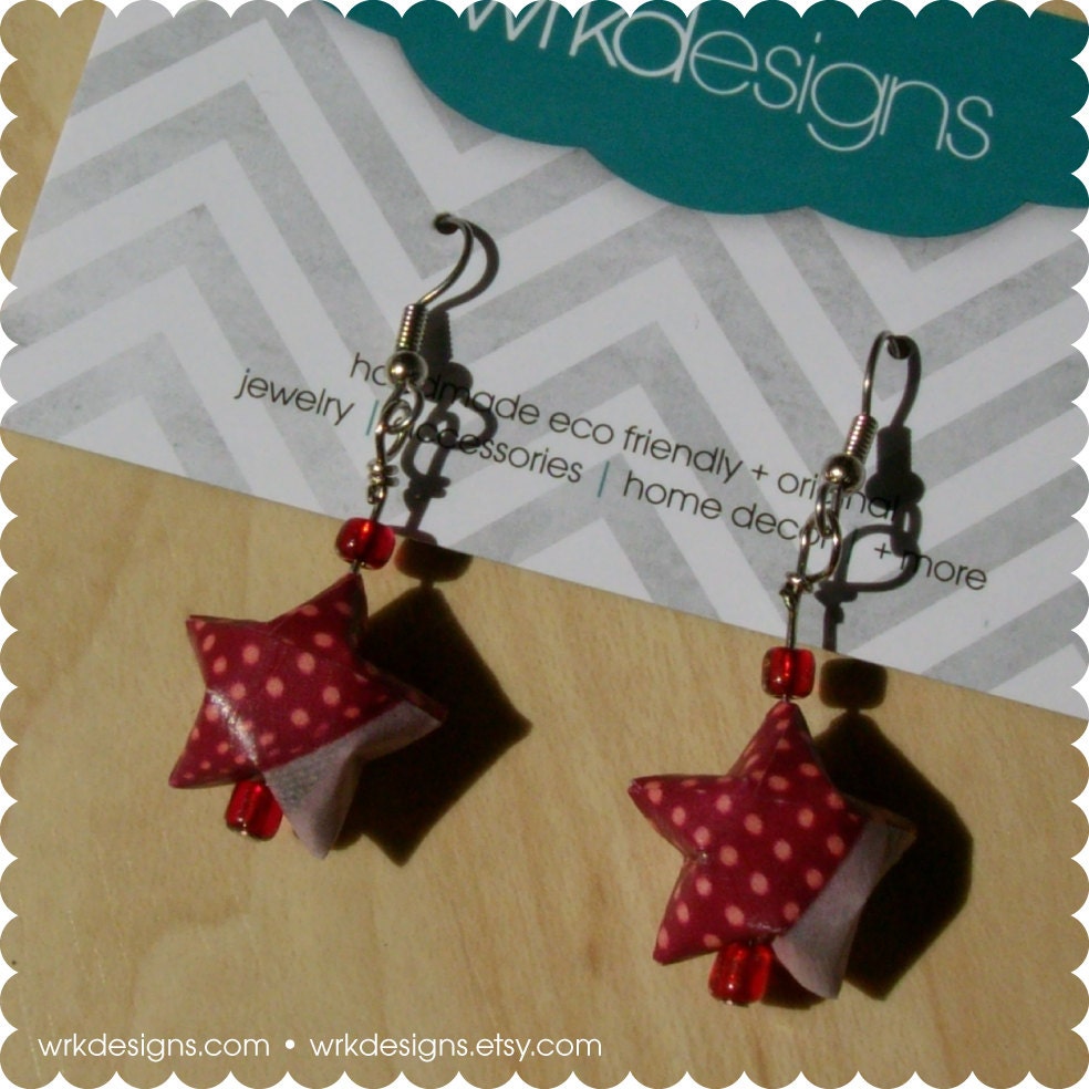 Red Polka Dot Origami Lucky Star Earrings - Upcycled Paper - OOAK