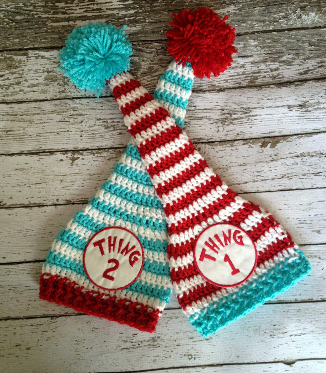 Thing 1 & Thing 2 Beanies For Twins in Red, White and Teal Available in Newborn to 12 Months Size- MADE TO ORDER