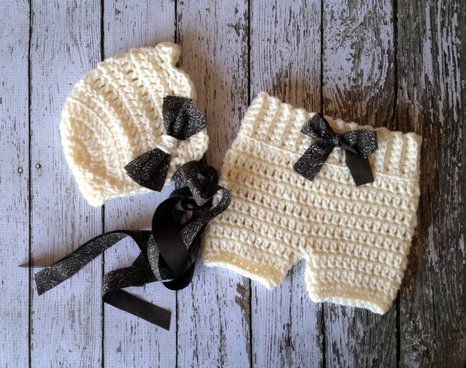 Vintage Bonnet and Crochet Baby Pants/Shorts- Diaper Cover in Ecru in 0-3 Month Size- READY TO SHIP