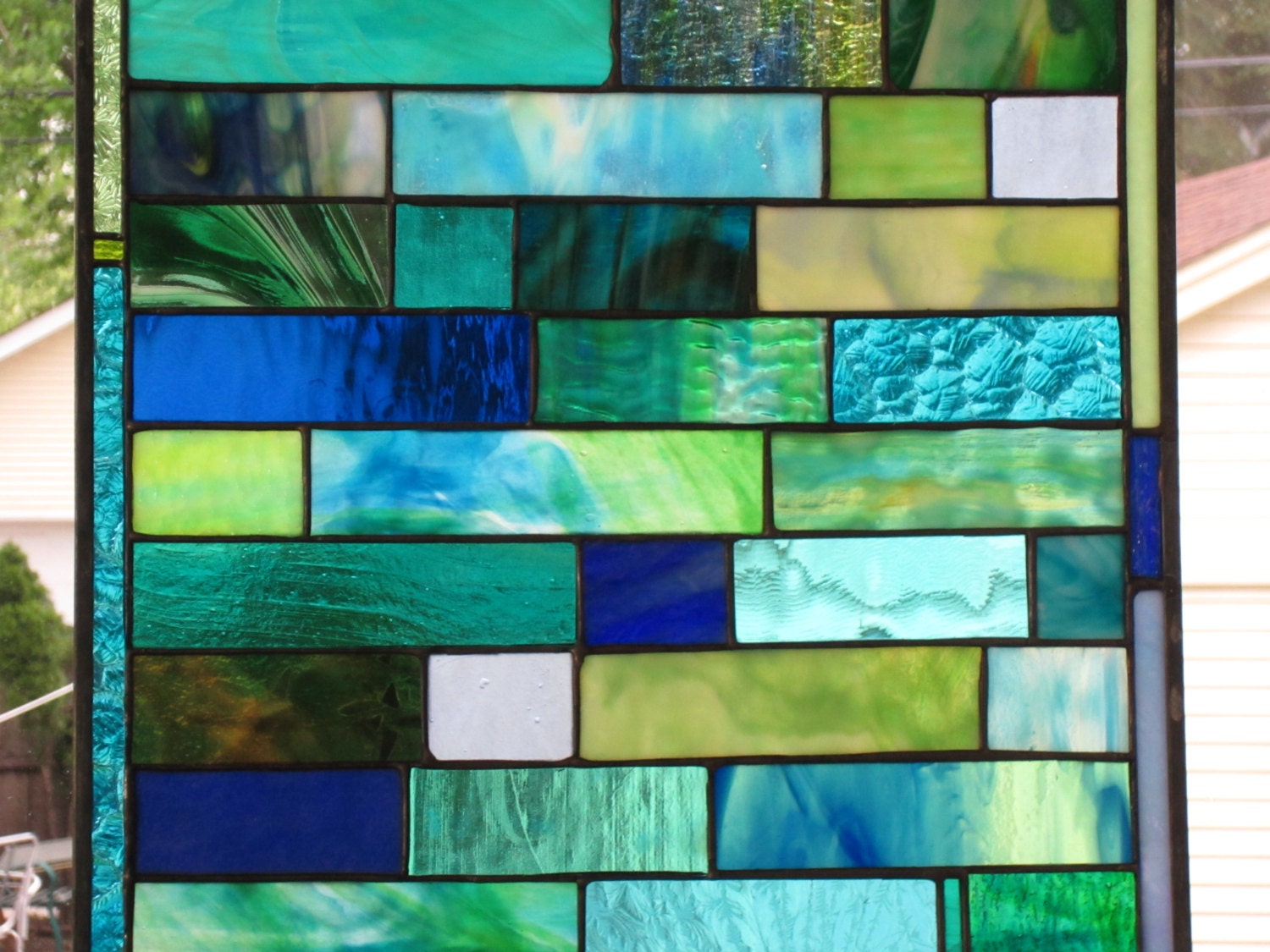 Ocean View stained glass panel 15X15 sea glass  Custom ordered
