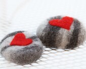 Eco friendly Hand made 2 Felted Stones - Light Gray /Dark Gray with Red Hearts Decor