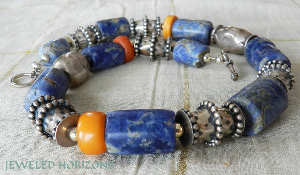 Amber, Tribal silver, antique sodalite together in one lovely piece