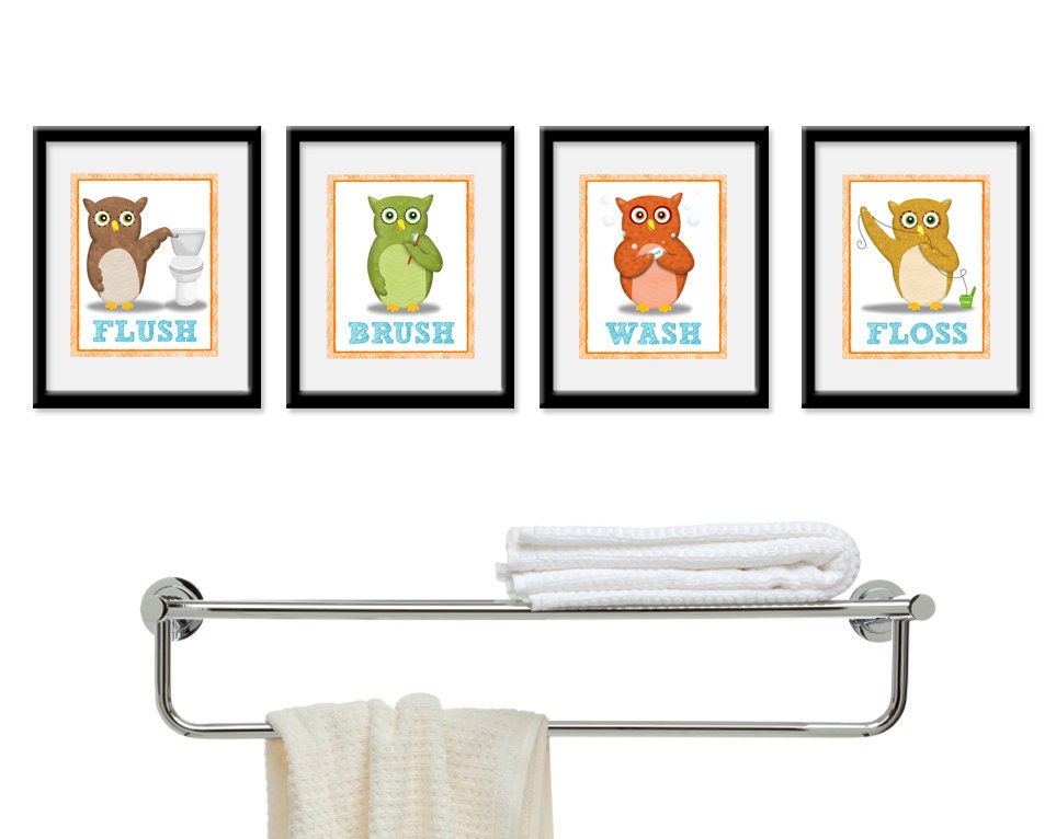 Kids Bathroom Art - Children's Wall Decor Owls for the Bathroom - Kids Bathroom Decor art - Four 8 x 10  Bathroom Owl Child Prints