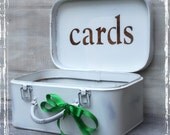 Wedding Card Box - Whitewash Metal Suitcase - Rustic Weddings - Luggage - Custom Color Ribbon And Lettering