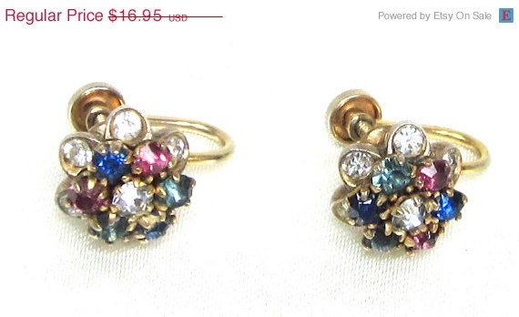 Sale Antique Collectible Rhinestone Screw Back Earrings, 14 K Gold Filled Signed CR 1920's( Earliest Coro Company)