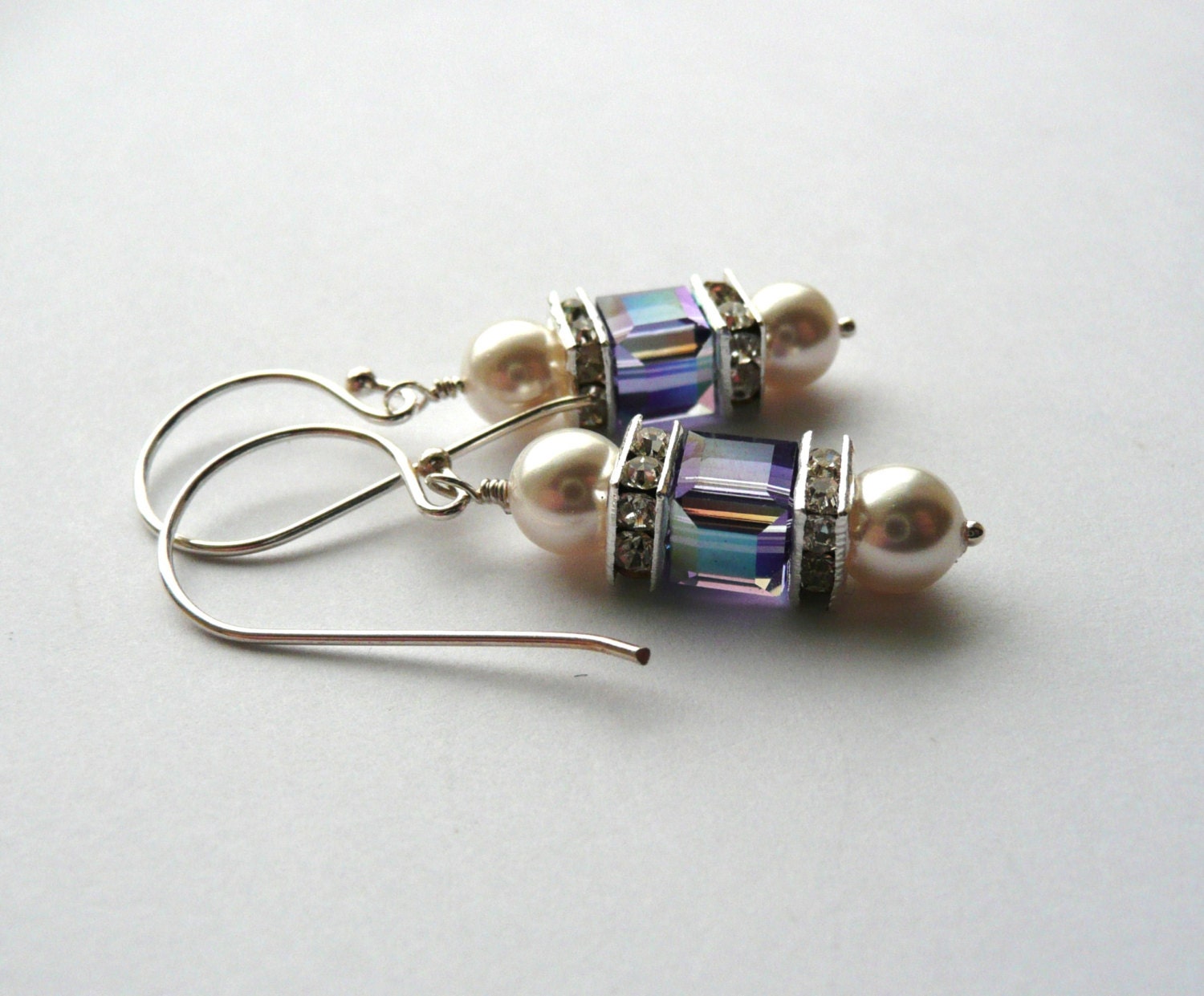 Tanzanite purple Swarovski Cube Crystals & White Glass Pearl Dangle Earrings bridal with Sterling Silver Ear Wires A309