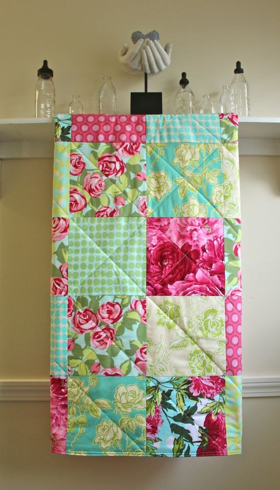 Baby Quilt Girl - Roses in Pink, Turquoise, Cream, and Green