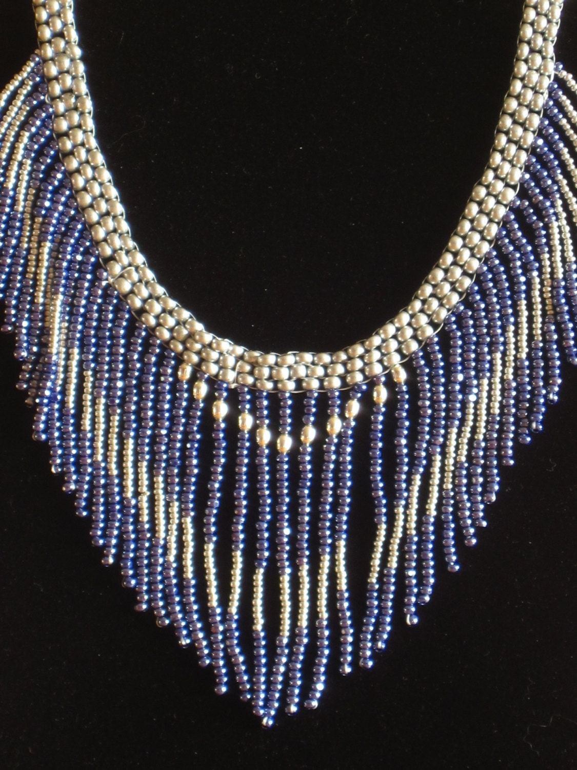 Native American style tribal fringed collar necklace in denim blue and silver