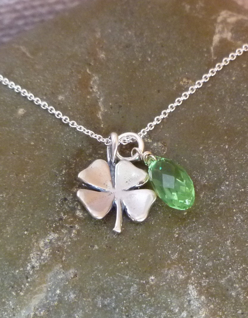 Four 4 Leaf Clover Necklace with Swarovski Green Crystal - Lucky Charm Necklace - Shamrock - Luck of the Irish