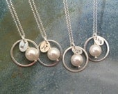 Pearl Initial Necklaces - Eternity Circle - Gift Set of four 4 - Bridesmaid Gift Set - 8mm Swarovski pearl - Tiny silver oval initial
