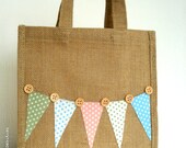 Hessian Jute Medium Bag with Polka Dot Bunting Lunch Bag Gift Bag Book Bag Bunting Bag