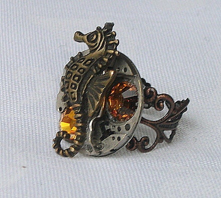 Steampunk Steampunk ring Amber crystals sea horse ring Free Shipping