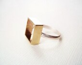 Square Ring. Brass Box on Sterling Silver Ring. Modern Geometric Jewelry