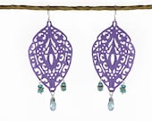 Moroccan  lavender  filigree earrings. Swiss blue topaz &  apatite teardrop,  Indie jewelry in patinated brass, with silver plated wire