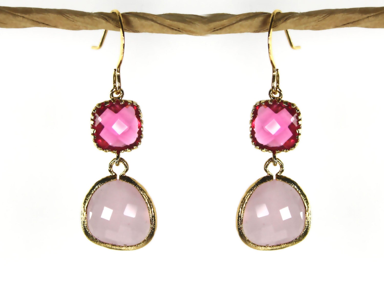 SALE Angles and dangles. A Square and a teardrop, sparkly earrings, framed pink opal and clear ruby faceted gems