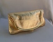 60s Gold Leather Fold Over Envelope Clutch Purse Handbag Vintage Custom Henri