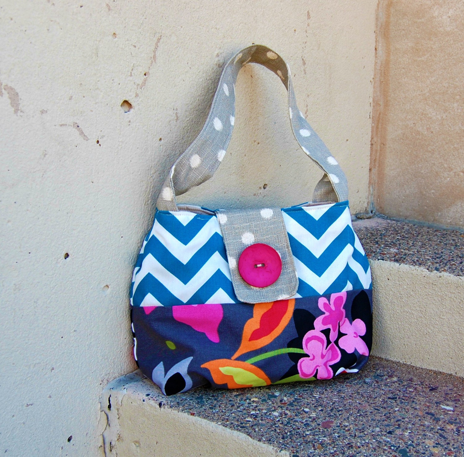 READY to ship-  Turquoise and hot pink Chevron Purse Handbag : Rhythm and blues