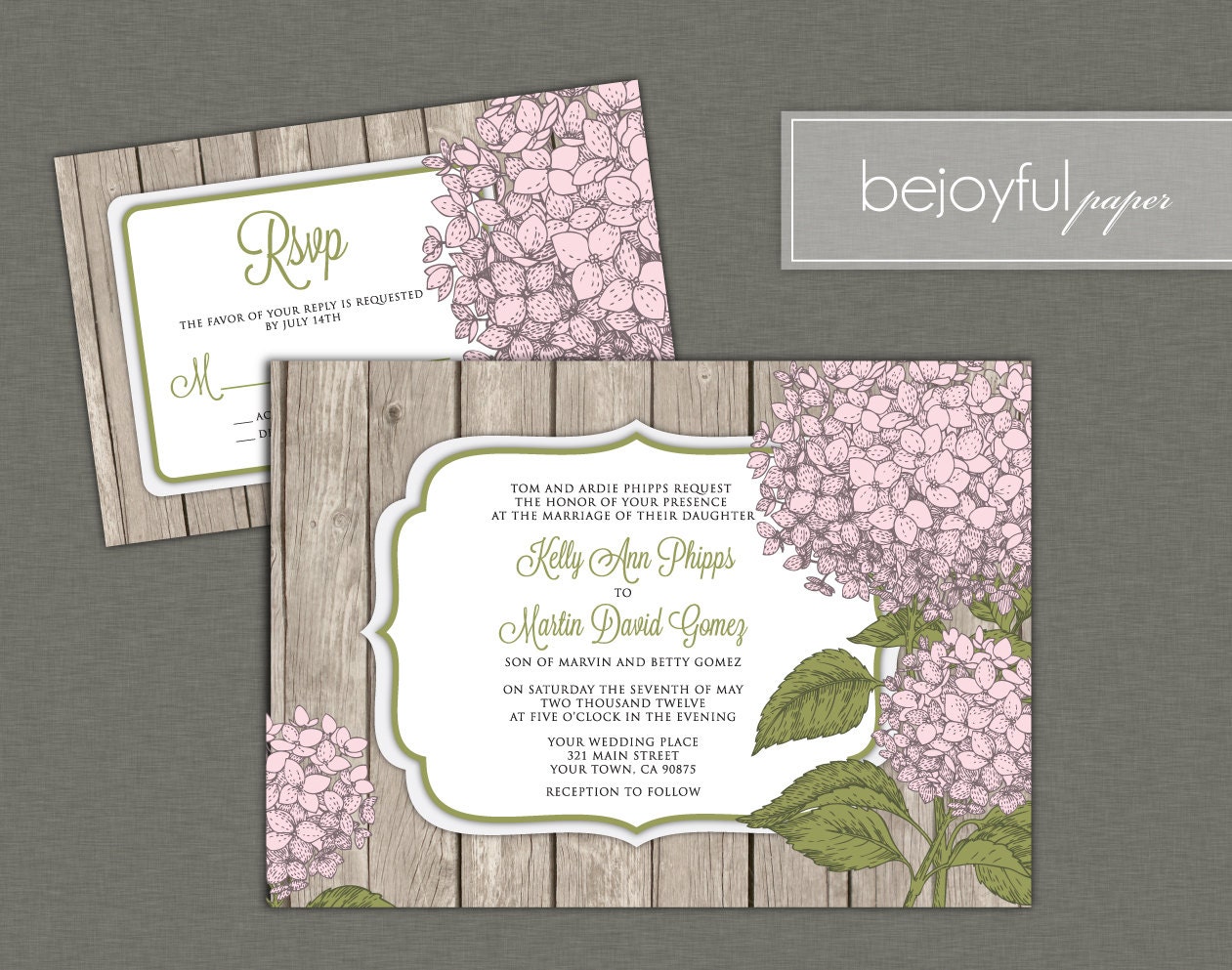 Wedding Invitation and RSVP -Printable DIY. Hydrangea and wood, rustic wedding modern "Kelly and Martin" (1020)