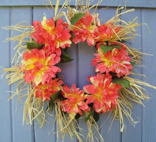 Summer Wreath, Hawaiian Luau Wreath, Tropical Party Decoration, Front Door Wreath