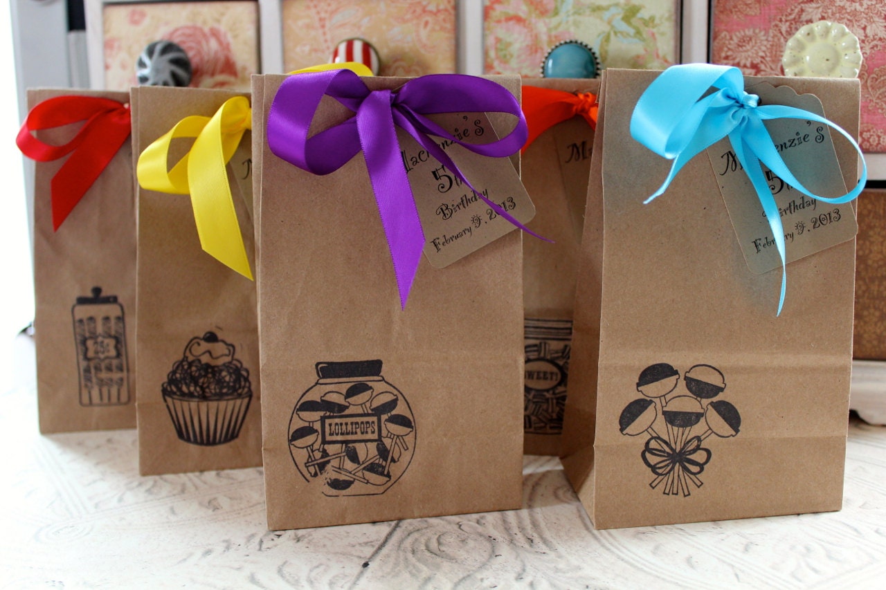 Personalized Kraft Favor Bags  -  SMALL BAGS - Set of 5 - Sweet Shop - You Choose Ribbon Color