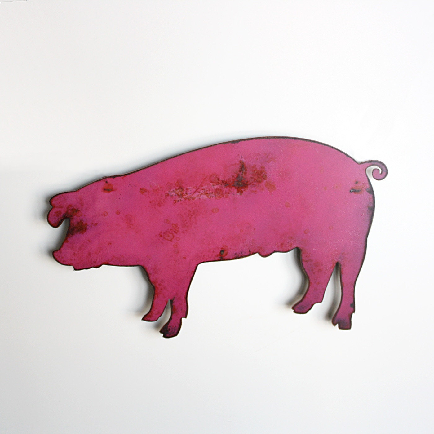 Pig metal wall art - 15" wide pink swine - wall hanging pig - pink with rust accents patina