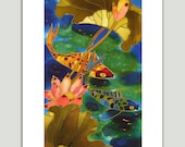 GICLEE Print-Of Original Painting-SILK Painting-Acrylic Painting-FISHES-Lotus-Koi -13inX19in