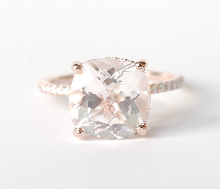 Huge Morganite Diamond Ring 14K Rose Gold