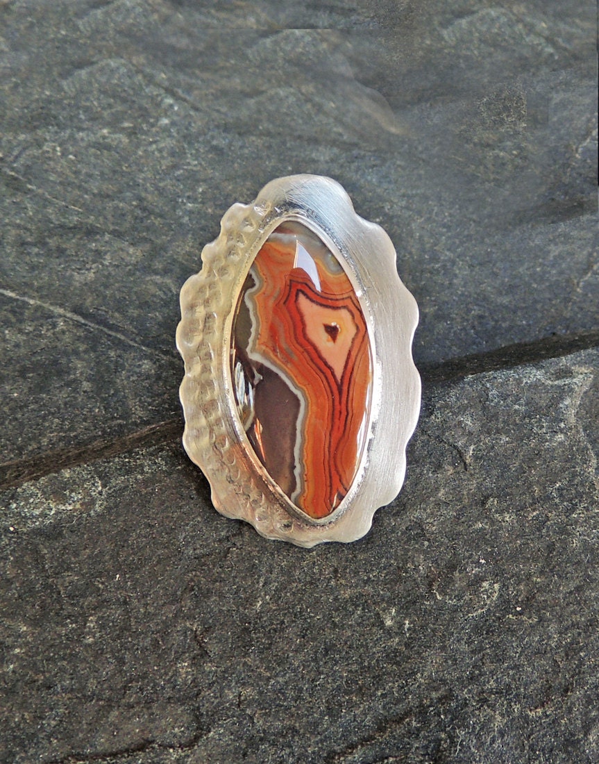 OOAK Bold, Dryhead Agate Ring, Size 8 and a half, Artisan Made Statement Ring,  Recycled Silver and Agate Gemstone, Deep Orange, Earth Tones