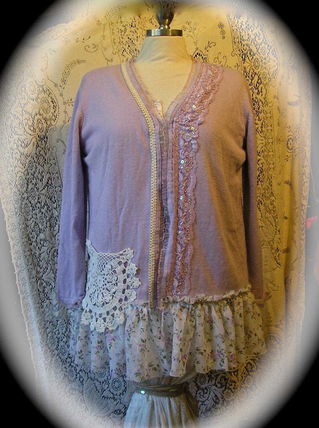 Shabby Altered Sweater, romantic shabby victorian lavender tattered chiffon lace embellish LARGE