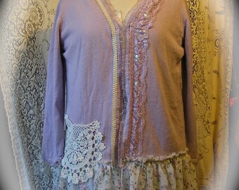 Shabby Altered Sweater, romantic shabby victorian lavender tattered chiffon lace embellish LARGE