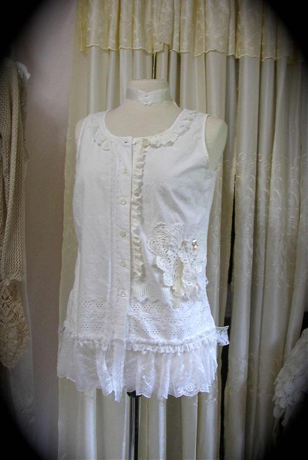 White Lace Top, eyelet fabric blouse, Victorian embellished with lace doily beads buttons, MEDIUM