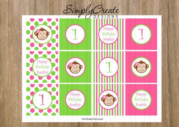 Mod Monkey Cupcake Toppers 8.5x11 Jpeg DIGITAL File PERSONALIZED Il_570xn
