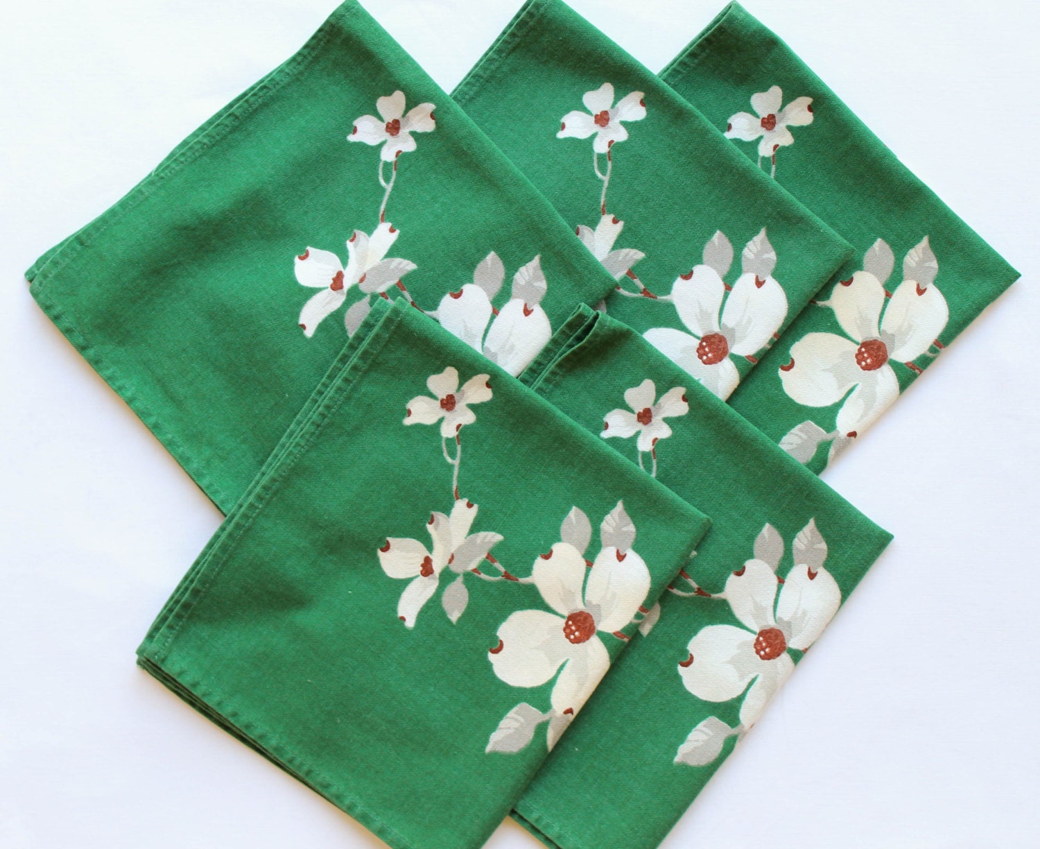 Dogwood Printed Napkins - Vintage Printed Wilendur Floral Napkin Set in Green