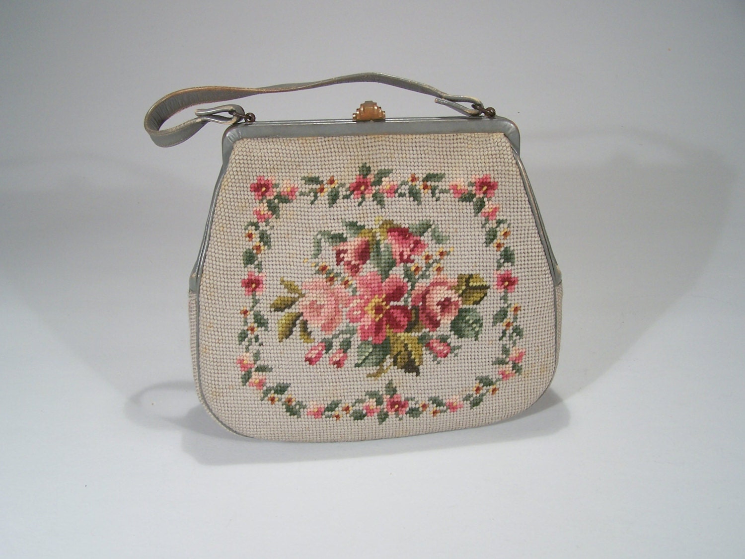 Needlepoint Bag - Light Grey Background with Roses - Leather Trim - Silk Grosgrain Lining