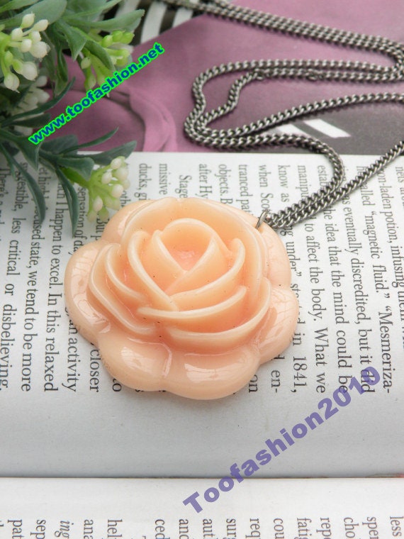 Pretty 3d pink rose flower with silver chain necklace pendant jewelry vintage style