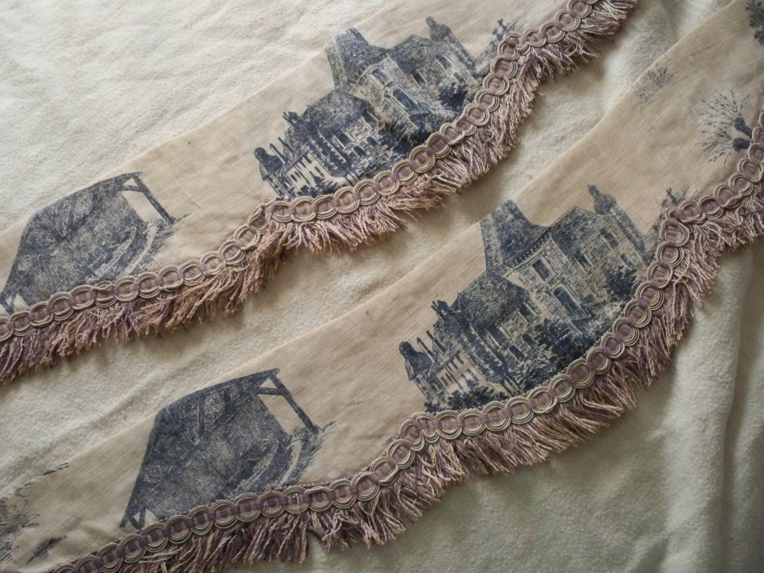 Pair c1835 Antique 19th Century French Toile De Jouy Linen Curtain Tiebacks Lavender Passementerie Trim