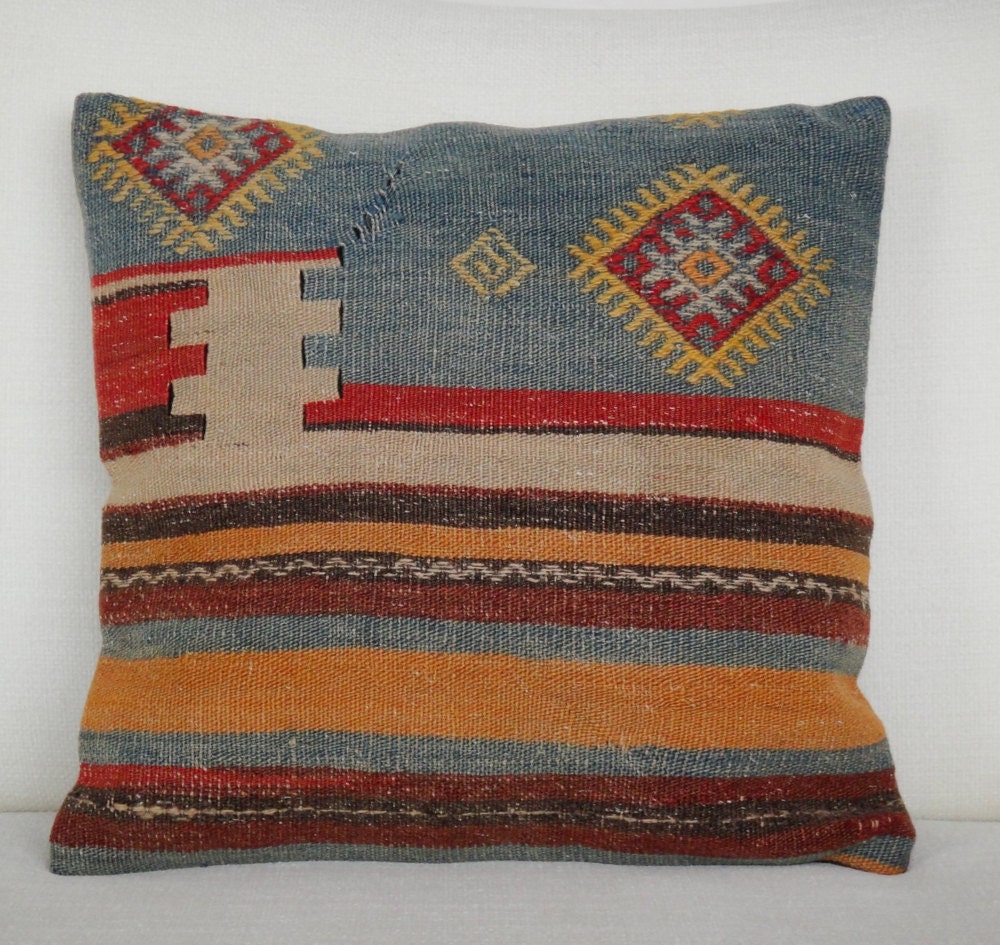 Antique Turkish Kilim Pillow Cover - Hand Embroidered - 16x16 inch