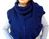Dark Blue Shawl Hand Knit Triangular Shawl Ruffled Super Soft  Wool Woman Shawl NEW