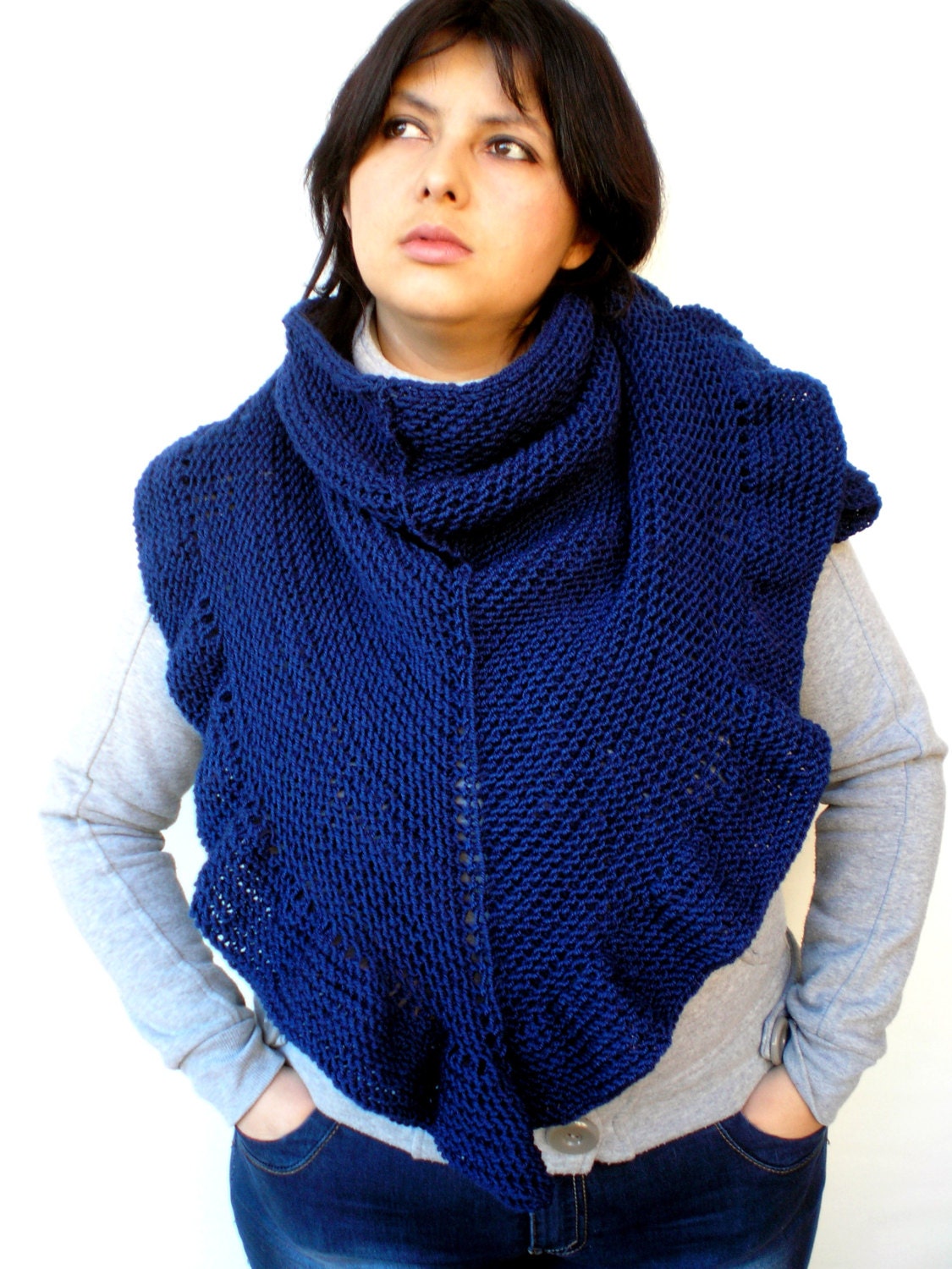 Dark Blue Shawl Hand Knit Triangular Shawl Ruffled Super Soft  Wool Woman Shawl NEW