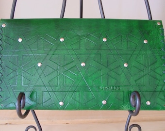 Kelly Green Sacred Geometry Handmade LEATHER Clutch