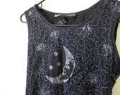 Vintage Batik Moon Tank Top Sleeveless Shirt Size Small Indigo Navy Blue Embroidery