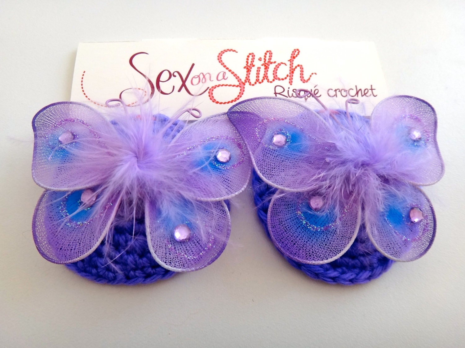 Purple Feather Butterfly Crocheted Nipple Pasties with tape