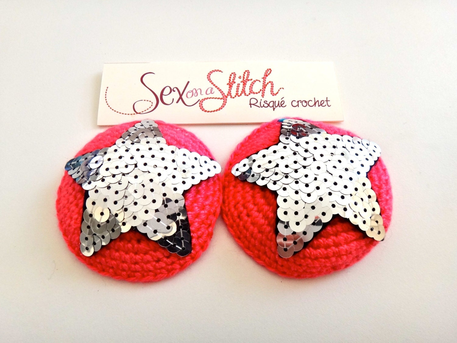 Pink and Sequins Star Crocheted Nipple Pasties with tape