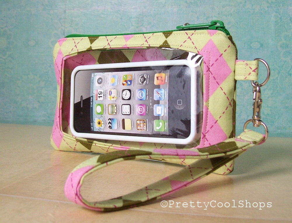 Touch Screen Wristlet, iphone wallet, cell phone wristlet, droid case, pink and green argyle, fabric phone case, touch screen pocket