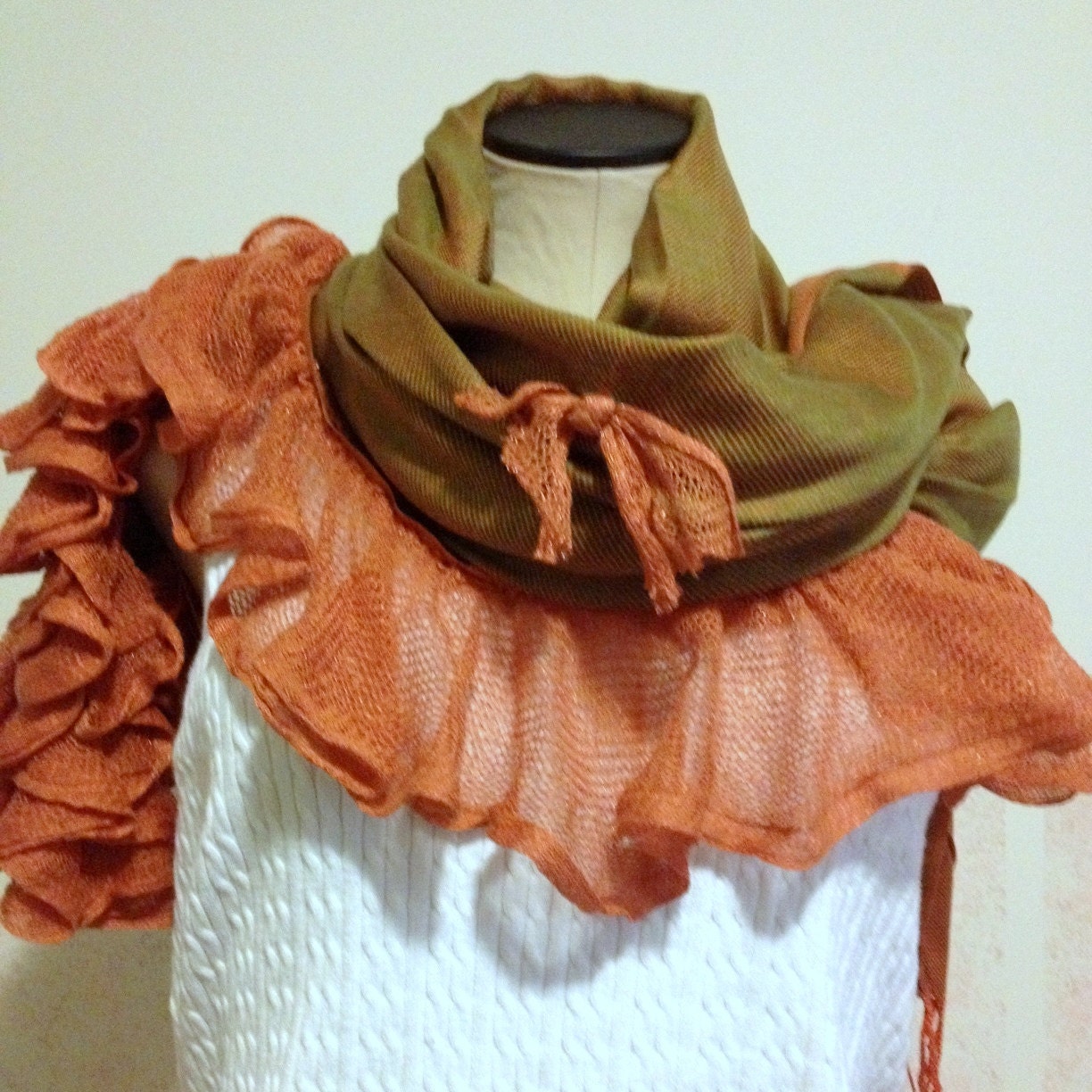 Olive Pashmina, Shawl, Scarf, Wrap, Rust, Fashion Scarves, Ruffles, Bows, Gift