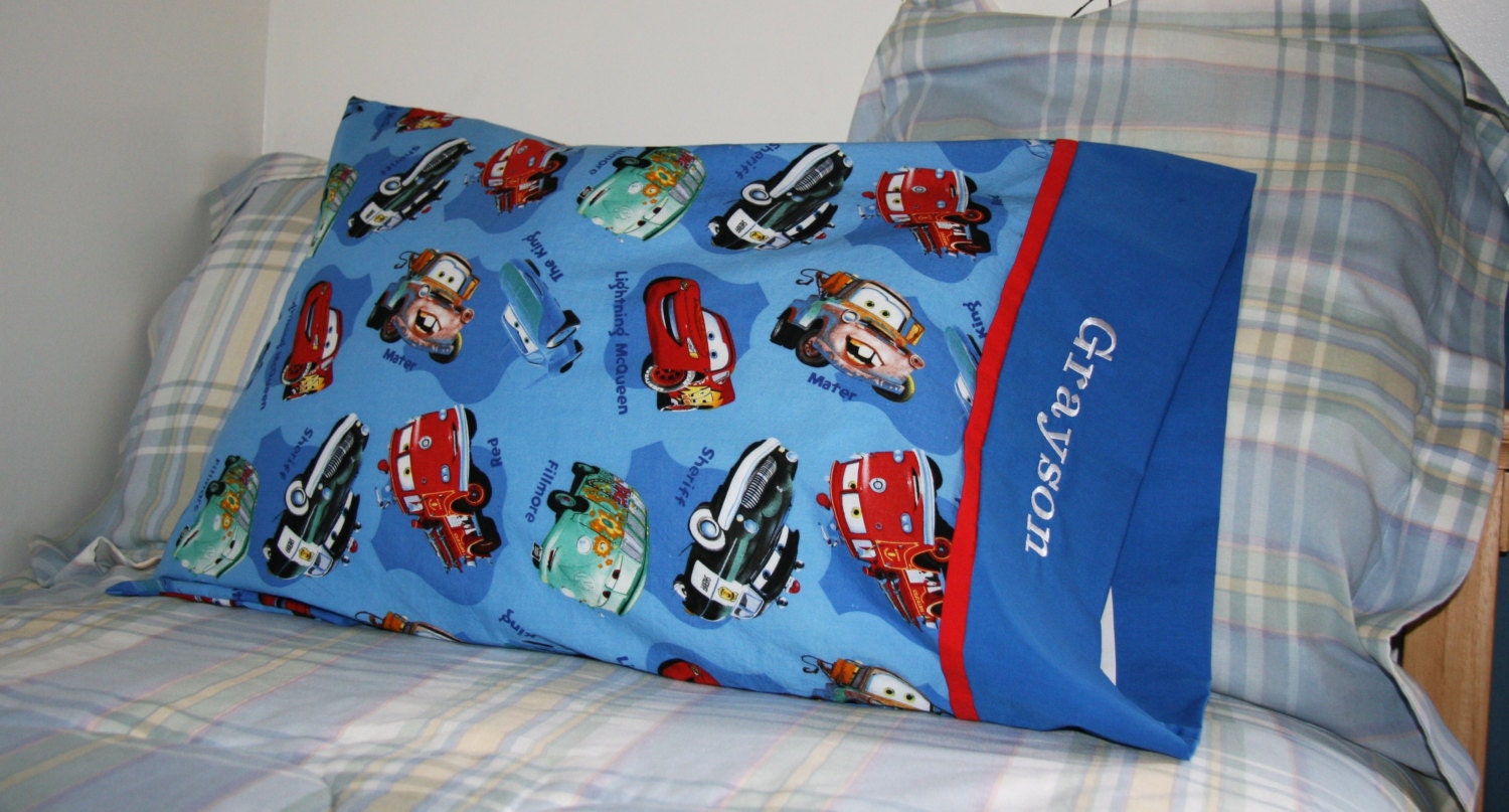 Cars Pillowcase Blue, Red, Custom Embroidered