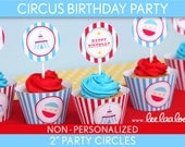 Circus Birthday Party - 2 inch Party Circles & Bonus: Cupcake Wrappers NonPersonalized Printable // Circus Blue - B13Pz2
